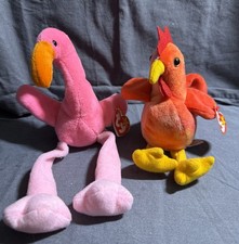 Ty Beanie Baby Pinky Flamingo & Doodle The Quickly Retired Rooster Free Shipping