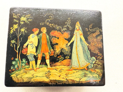 Vintage Mstera Russian Lacquer Box ''Blue Snake'' Hand Painted Fairy Tale 5''