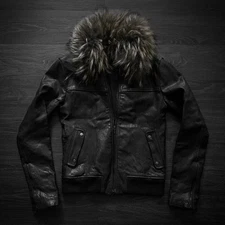Sheepskin Leather Jacket with Fur Collar | Genuine Sheepskin Bomber Jacket coat