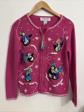 Vtg Tiara International Pink Knit Cardigan Sweater Penguins Womens Medium Cotton