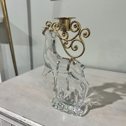 Vintage Gorham Reindeer Crystal and Gold Taper Candle Holder Christmas