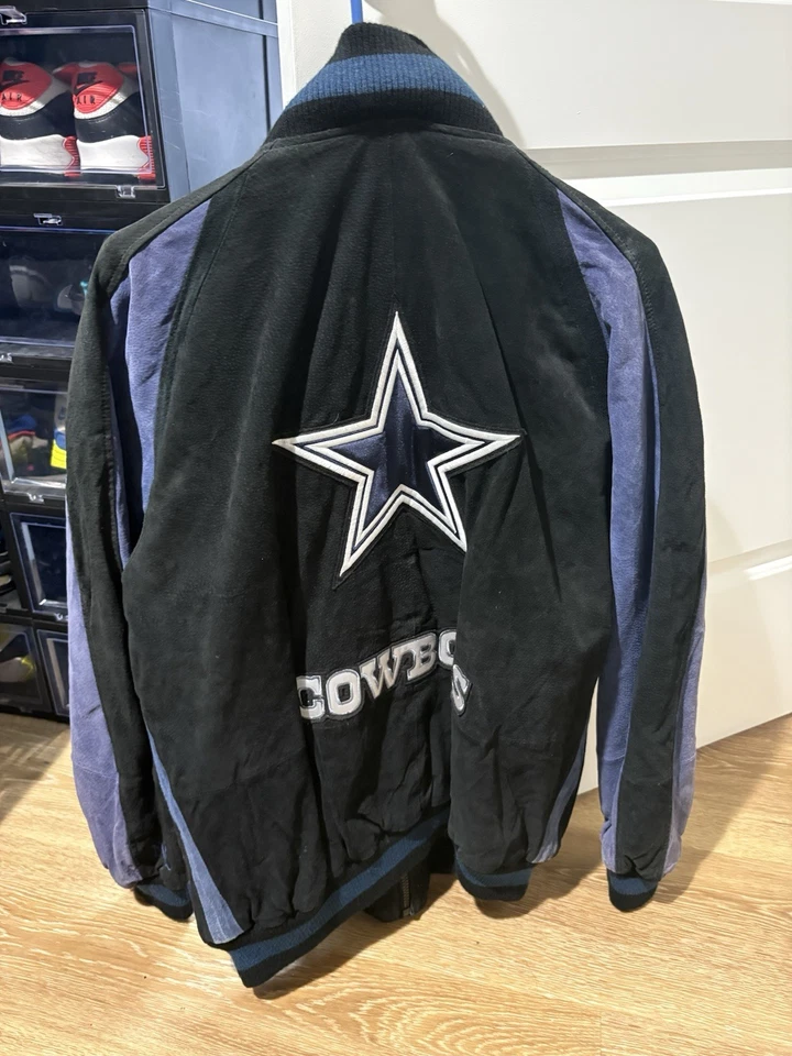 Vintage NFL Dallas Cowboys Suede Leather Blue Black Bomber Zip Up Jacket Large - Image 2 of 4