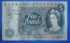1967 Banca d'Inghilterra, cinque sterline, Fforde, banconota da £ 5 "Y75", FOLD [34242]