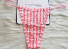 VICTORIA'S SECRET LACE STRING THONG PANTY PRETTY BLOSSOM PINK STRIPES XL