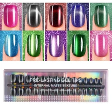Cat Eye Press on Nails Short Square, 300Pcs Soft Gel Fake Nails, Glossy Glitt...