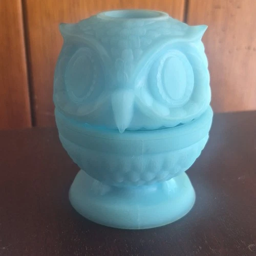 Fenton Blue Glass Owl Figurine with Sticker Label Matte Finish