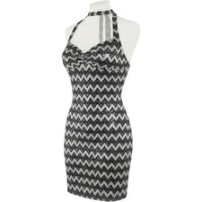 Chevron Lace Halter Bodycon Dress Sz S Silver Black Metallic Mini Party Glam