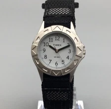 Timex Watch Women 27mm Silver Tone Black Nylon Band 30M White Dial