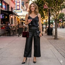 CeCe Black Faux Leather Pants Womens Size L High Rise Wide Leg Cropped Culottes
