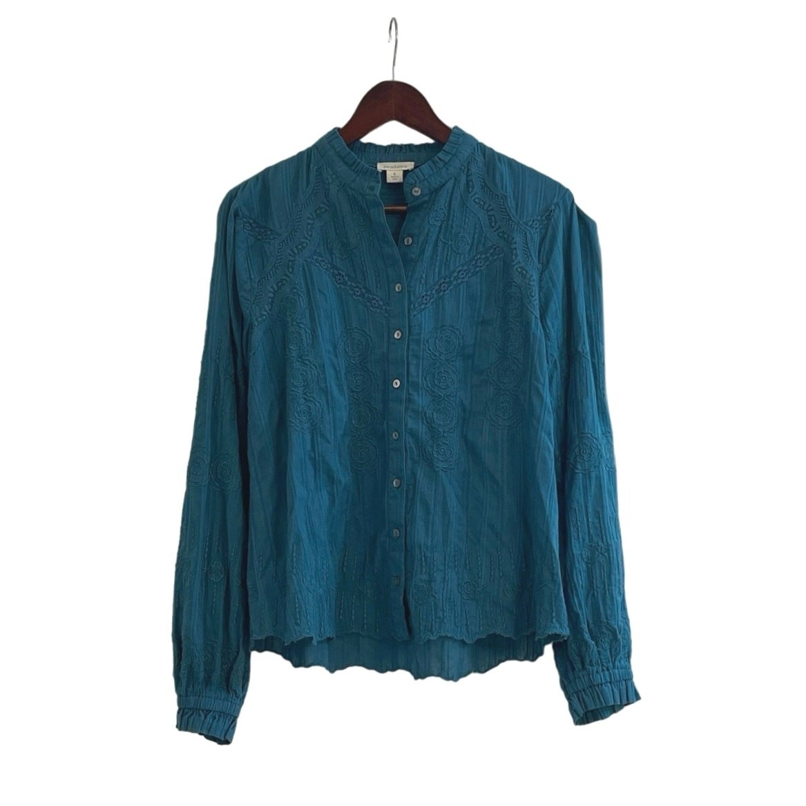 Sundance Teal Blue Embroidered Floral Button-Up Blouse Women's Size Small