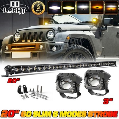 AUXBEAM 6D 20''+2X 3'' LED Work Light Bar 6 Modes Amber White Strobe For Jeep Ford