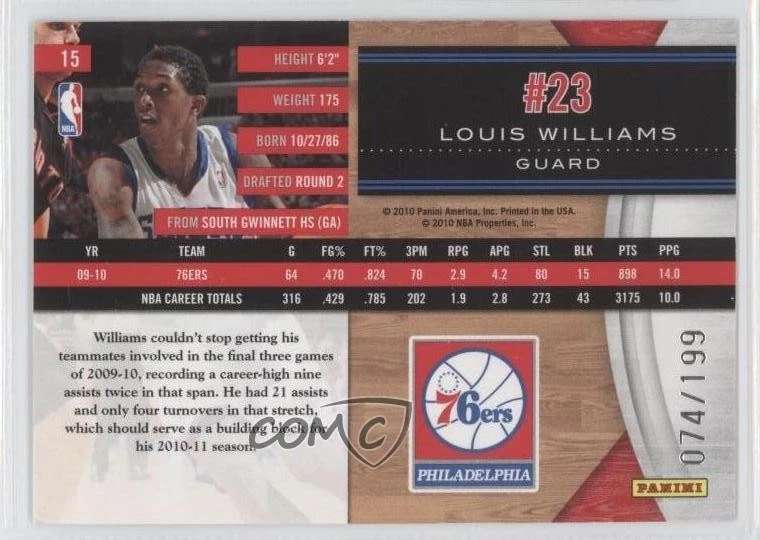 2010-11 Panini Limited /199 Lou Williams Louis Williams #15 - Image 2 of 2