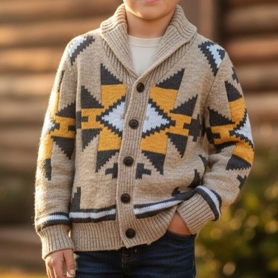 Boys Southwestern Aztec OshKosh B'gosh Tan Cotton Blend Shawl Collar Cardigan 6