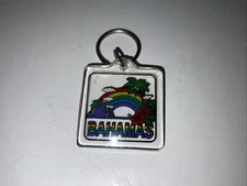 Vintage Bahamas Keychain-1 Sided Square Acrylic-Rainbow/Palm Tree/Gull/Boats EUC