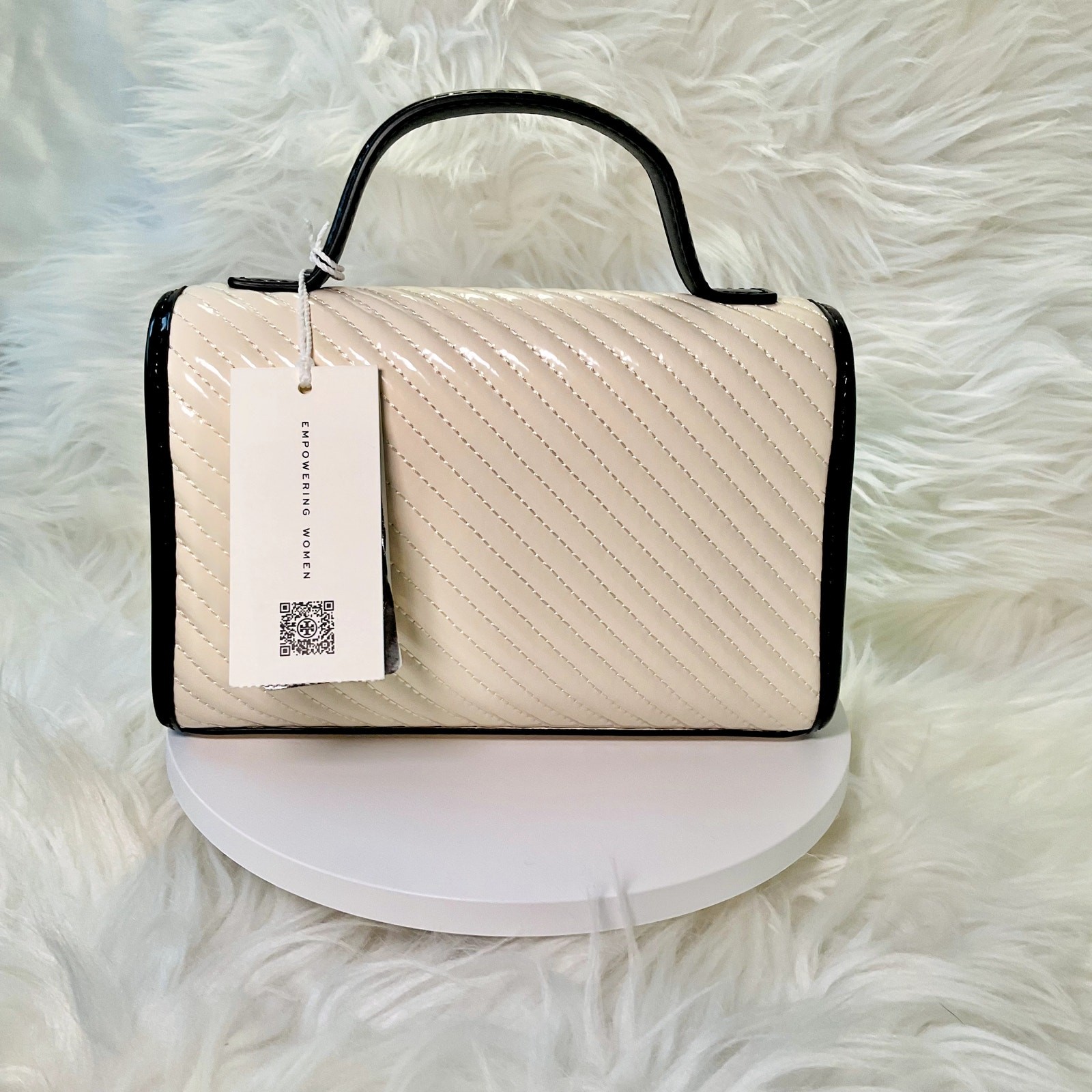 NEW $600 Tory Burch Emerson Quilted Patent Cream Ivory Mini Top Handle Crossbody thumbnail 4