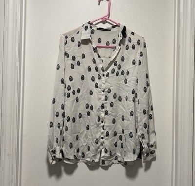 Zara Basic Black and White Sheer Blouse Button Up Size Large Made In Morocco EUC