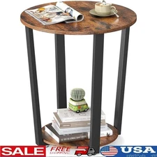 Round End Side Table W/ Shelf Industrial Style Sturdy Steel Storage Living Room