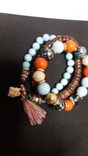 Beaded Bracelet Set of 3 Oriental with Elephant Charm Orange Blue Tan Brown