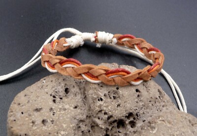 Unisex verstellbares Armband aus natürlich geflochtenem Echtleder und Baumwolle ecru orange