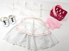 Traje de encaje blanco de campo para muñeca de 18" con delantal, sandalias, cesta ¡se adapta a American Girl!