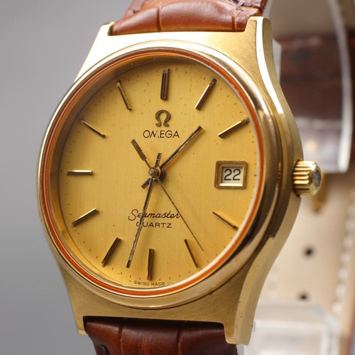 New Batt ◆Exc5◆ Vintage OMEGA Seamaster Qz 1342 Gold Mens 35mm Date Watch JAPAN