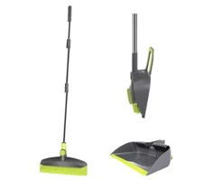 Mast-home Adjustable Rubber Push Broom and Dustpan Set, Self Cleaning In-Outdoor