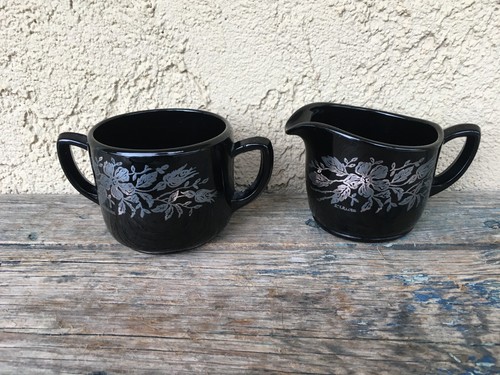BLACK AMETHYST GLASS PLATTER +SUGAR +CREAMER, SILVER OVERLAY LANCASTER 3-PC - Picture 4 of 16