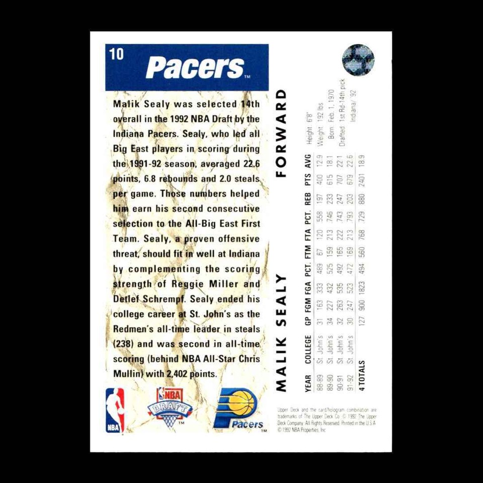 Malik Sealy 1992-93 Upper Deck Rookie Indiana Pacers #10 R328E 31 | eBay