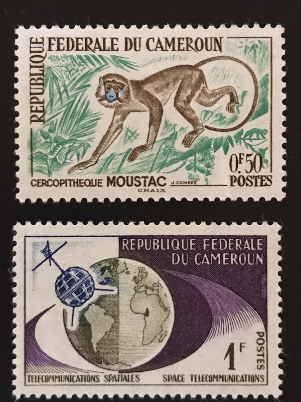 2 MINT CAMEROON POSTAGE STAMPS 1962 1963 MUSTACHE MONKEY TELECOMMUNICATIONS