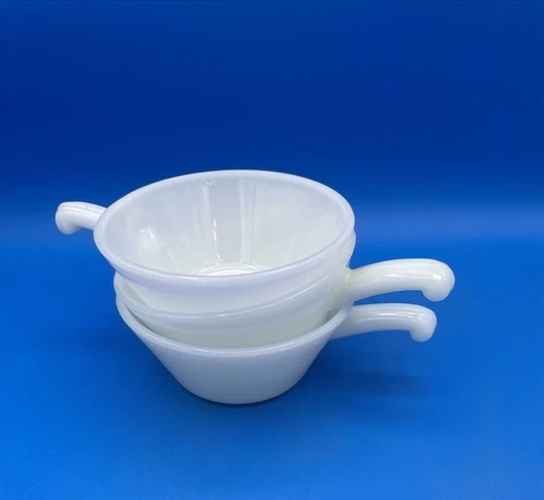 Vintage Anchor Hocking Fire King Oven Proof White Milk Glass Handled Soup Bowls