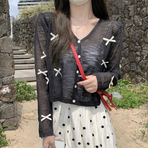 Bowknot Knitted Cardigan Ballet Style Short Top for Women Girl