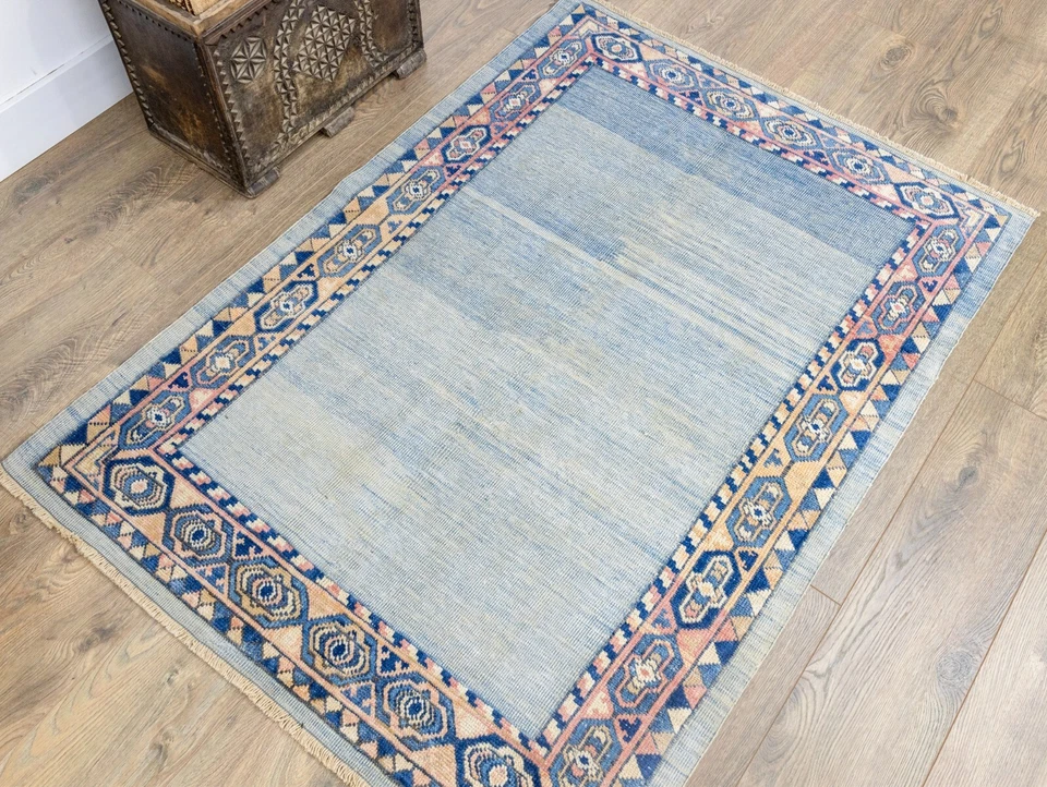 Alfombra de lana Oushak turca hecha a mano de colección 3'5" × 4'8" pies - azul cielo y melocotón tranquilo Foto 2 de 4