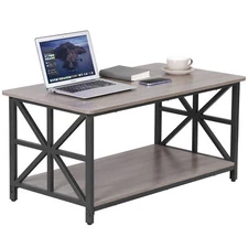 39" Gray Rectangle Wood and Metal Coffee Table w/ Storage Shelf for Living Room