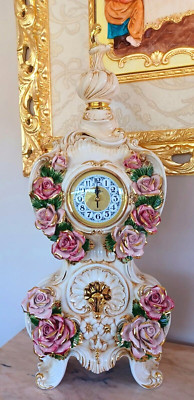 Table Clock Ceramic Capodimonte White Gold Rose Support Analogical H 84 cm