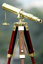 Nautical Brass Polished Desk D cor Marine Telescope W/Brown Wooden Tripod Stand