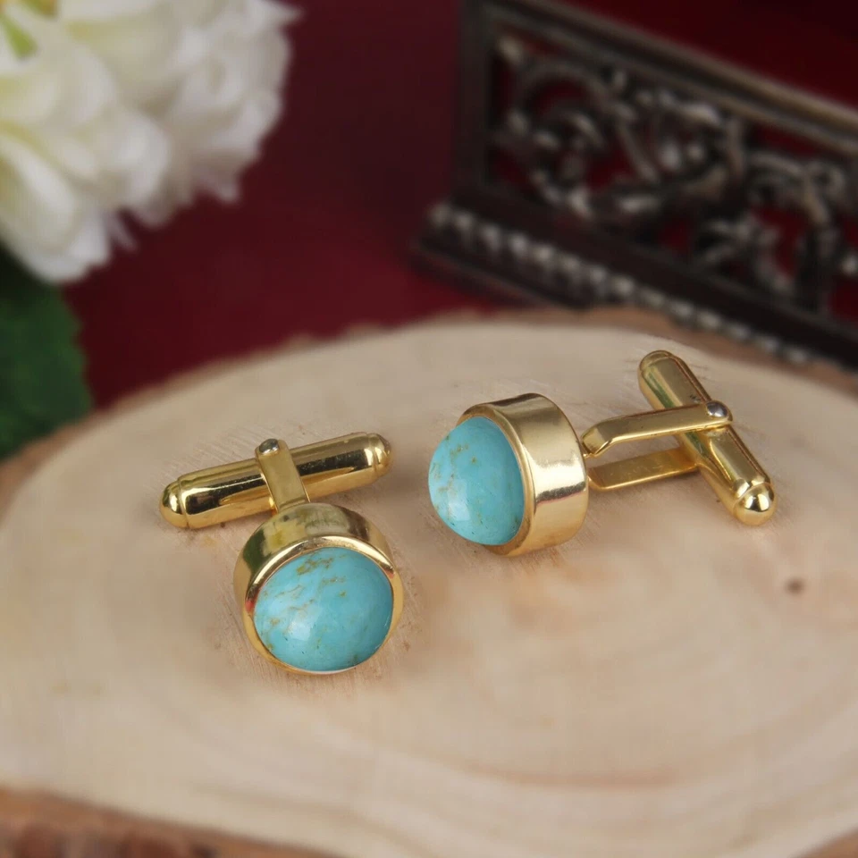 Gemelos de piedras preciosas de plata de ley 925 turquesa Kingman forma redonda para hombre Foto 3 de 4