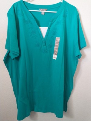 NEW White Stag Women's  Teal Green Top~ 3X~ Short Sleeved ~ Embroidered Trim
