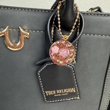 Handmade Pink Rose Resin Bag Charm Keychain Glitter Floral Flower