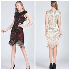 Lady Retro Sequin Tasseled Dress Party Ballroom Glitter Dance Dress Slim Elegant