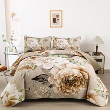 Floral Quilt Set Queen,Khaki Lightweight Botanical Printed Bedspreads 3 Pieces