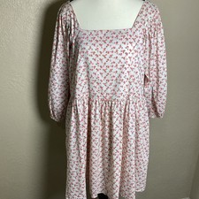 Storia Pink Floral Square Neck Babydoll Mini Dress Puff Sleeve Women's Medium