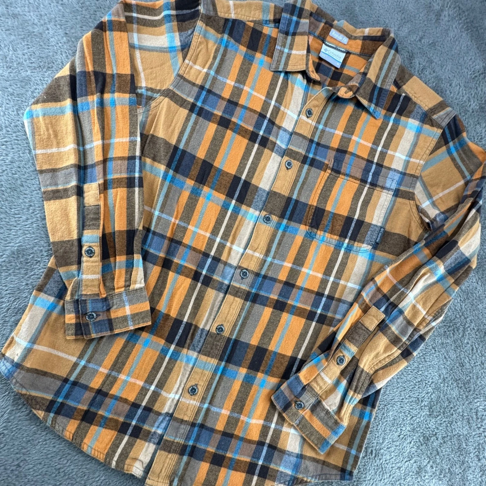 Columbia Flannel Shirt Mens Medium Orange Brown Plaid EUC Regular Fit AM0017
