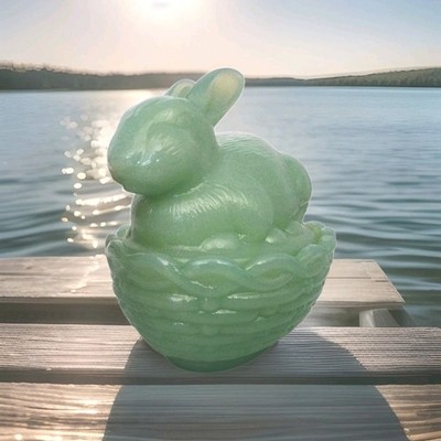 Easter Bunny on Basket Mosser Glass Covered Dish Jade 4'' With Logo Marking