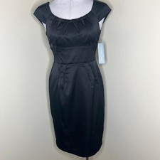 London Times Sheath Dress 6 Black Cap Sleeve Knee Length Work Event Pleated Chic