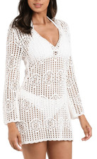 La Blanca Crochet Cover Up Size Medium V Neck Tunic in Ivory NWT