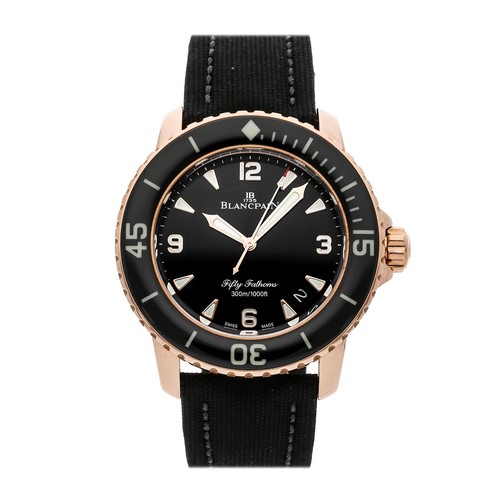 Blancpain Fifty Fathoms Rose Gold Auto 45mm Black Strap Watch 5015-3630-52A