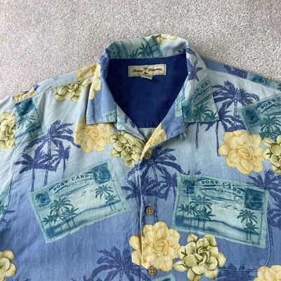 Tommy Bahama Button Down Shirt Mens Small Blue Silk Postcard Palm Tree Floral