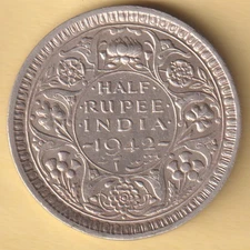 BRITISH INDIA 1942 KING GEORGE VI HALF RUPEE RARE SILVER COIN
