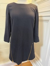 J.Crew Black Shift Dress Gold Zip Hem Sleeves Size 0 Petite Career Classic