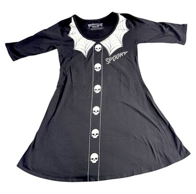 Kreepsville 666 Spooky Skull Spider Web Black Swing Dress 3/4 Sleeve Womens L
